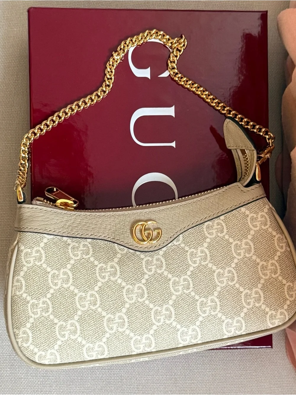 Gucci Beige GG Canvas Shoulder Bag with Gold Chain
